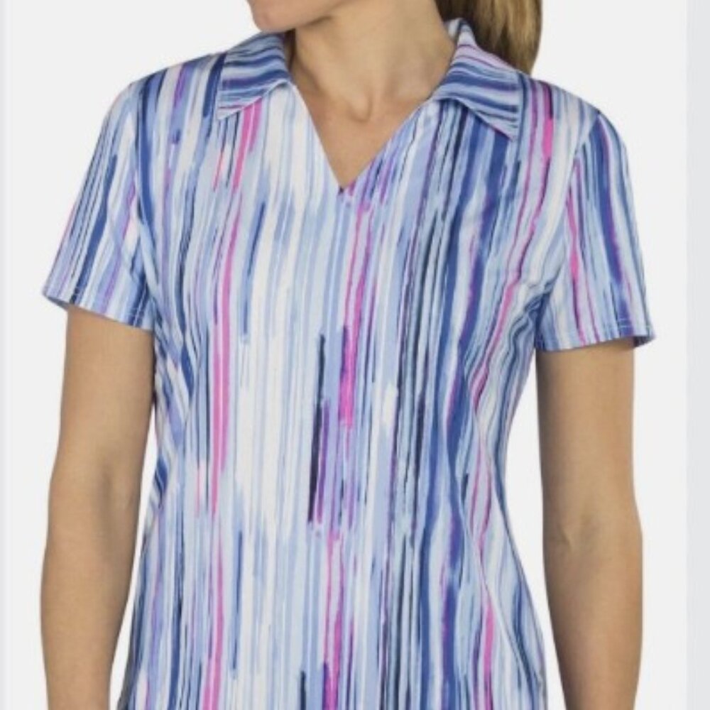 Jofit‎ Golf Top Women Size Large V-neck Collared Athletic Polo Shirt Blue Pink